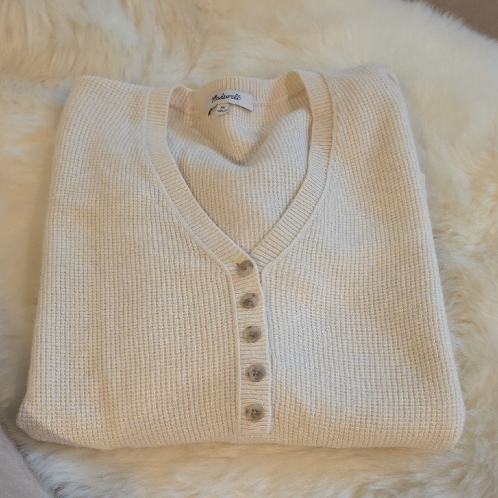 Madewell Asherton Henley Cream V-Neck Sweater Cozy Waffle Knit Cottagecore XS-S